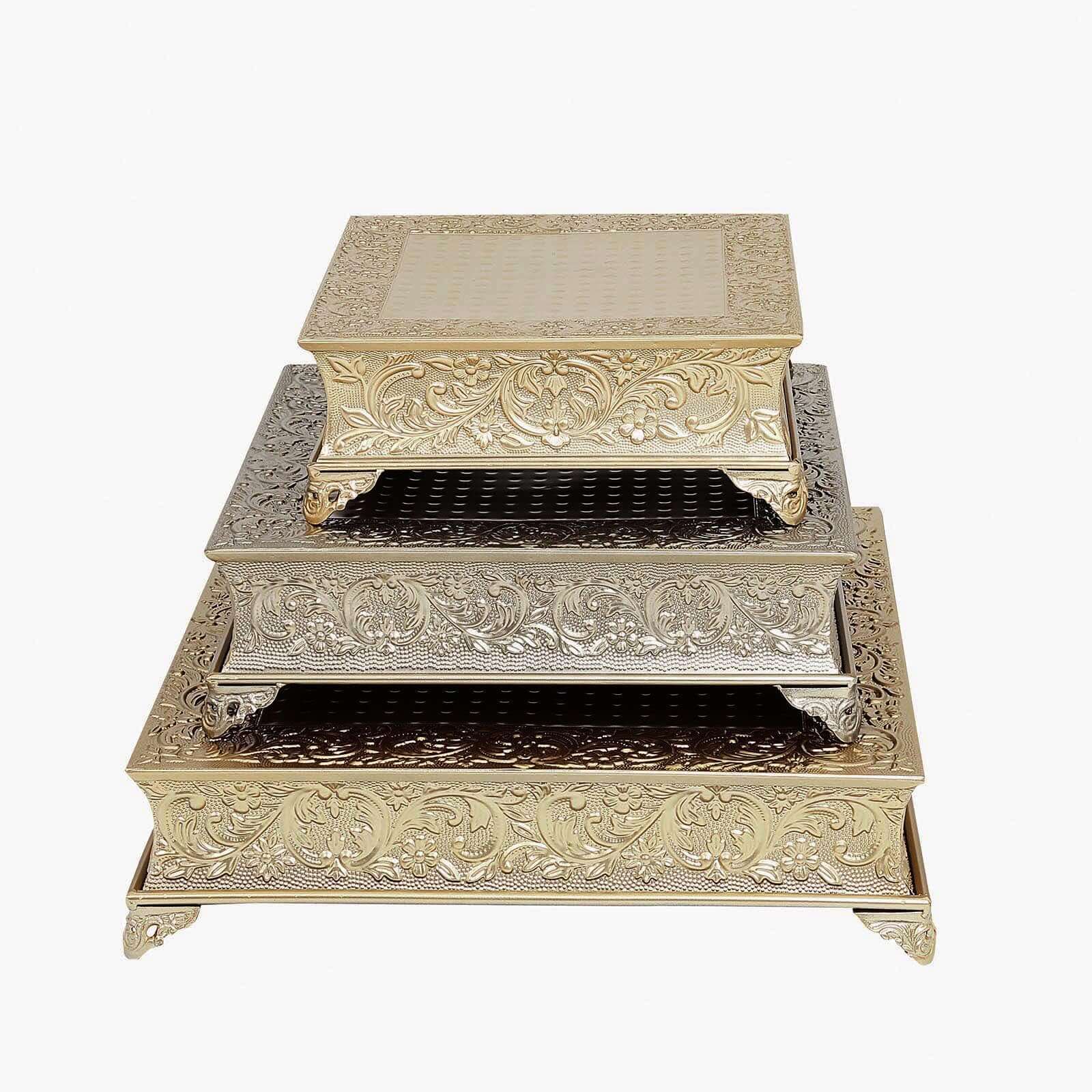 22" Square Gold Embossed Cake Pedestal, Metal Cake Stand Cake Riser