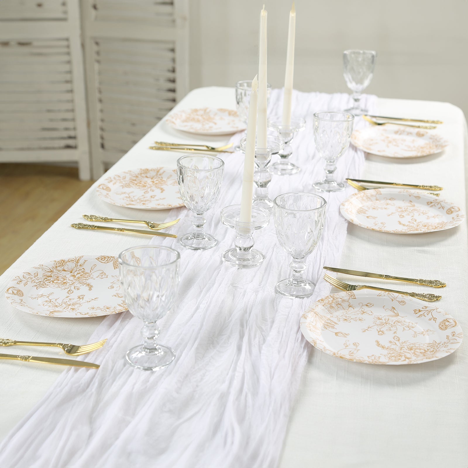 25-Pack Paper 9" Round Dinner Plates in White with Gold French Toile Pattern - Disposable Floral Party Plates for Stylish Events