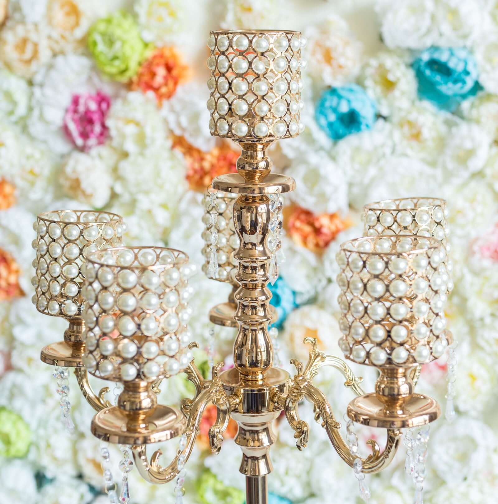 Metal Pearl Beaded Candelabra in Gold 6-Arm - Stylish Table Centerpiece with Crystal Chandelier Pendants