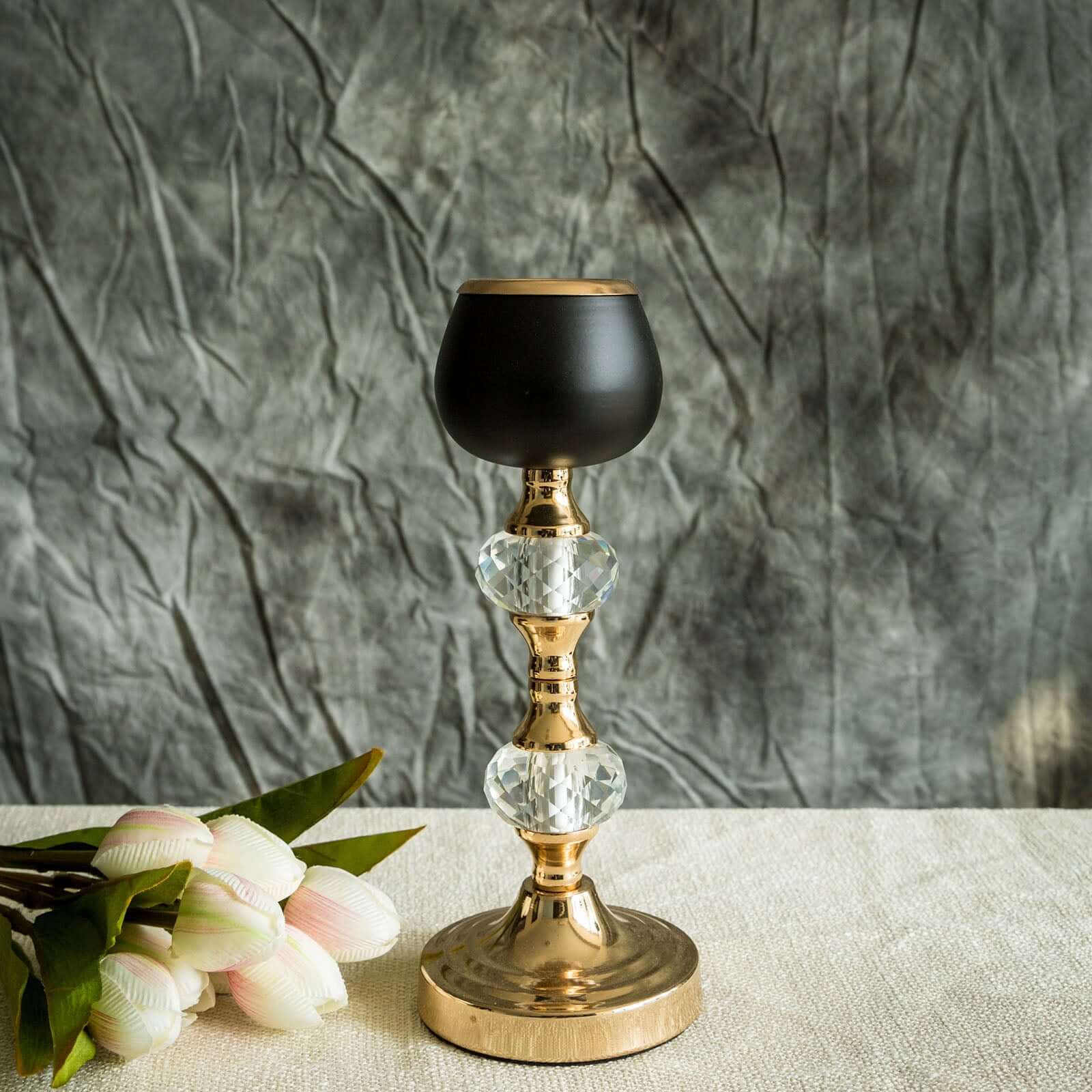 Set of 2 Metal Crystal Lamp Candle Holders Gold/Black - Sophisticated Votive Tealight Stands 7", 11"