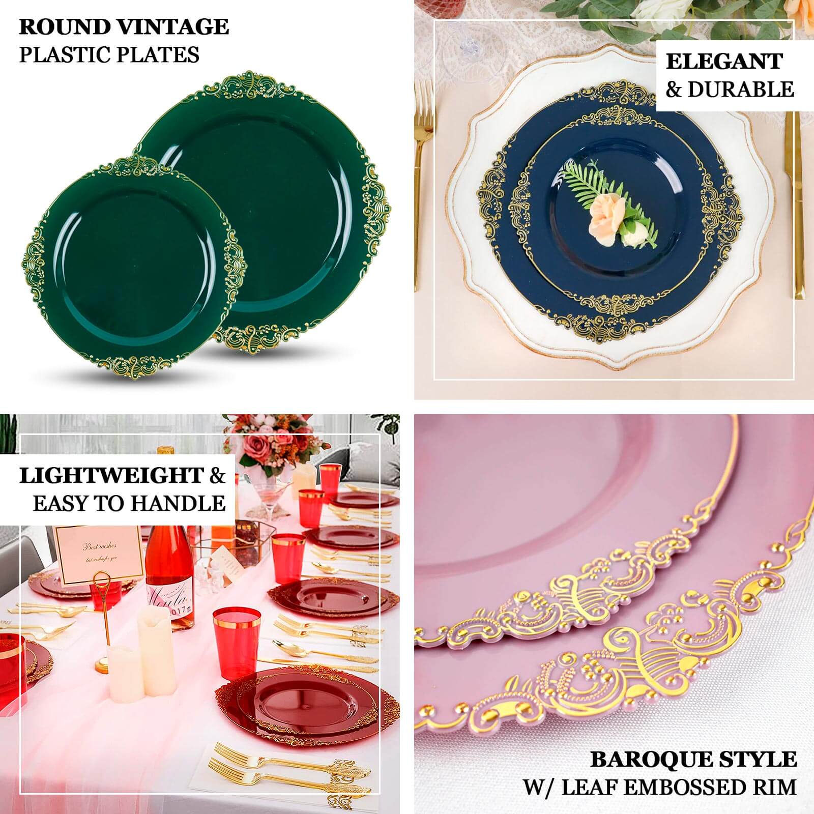 10-Pack Plastic 8" Round Dessert Plates in Lavender Lilac with Gold Leaf Embossed Rim - Disposable Vintage Baroque Style Salad Plates