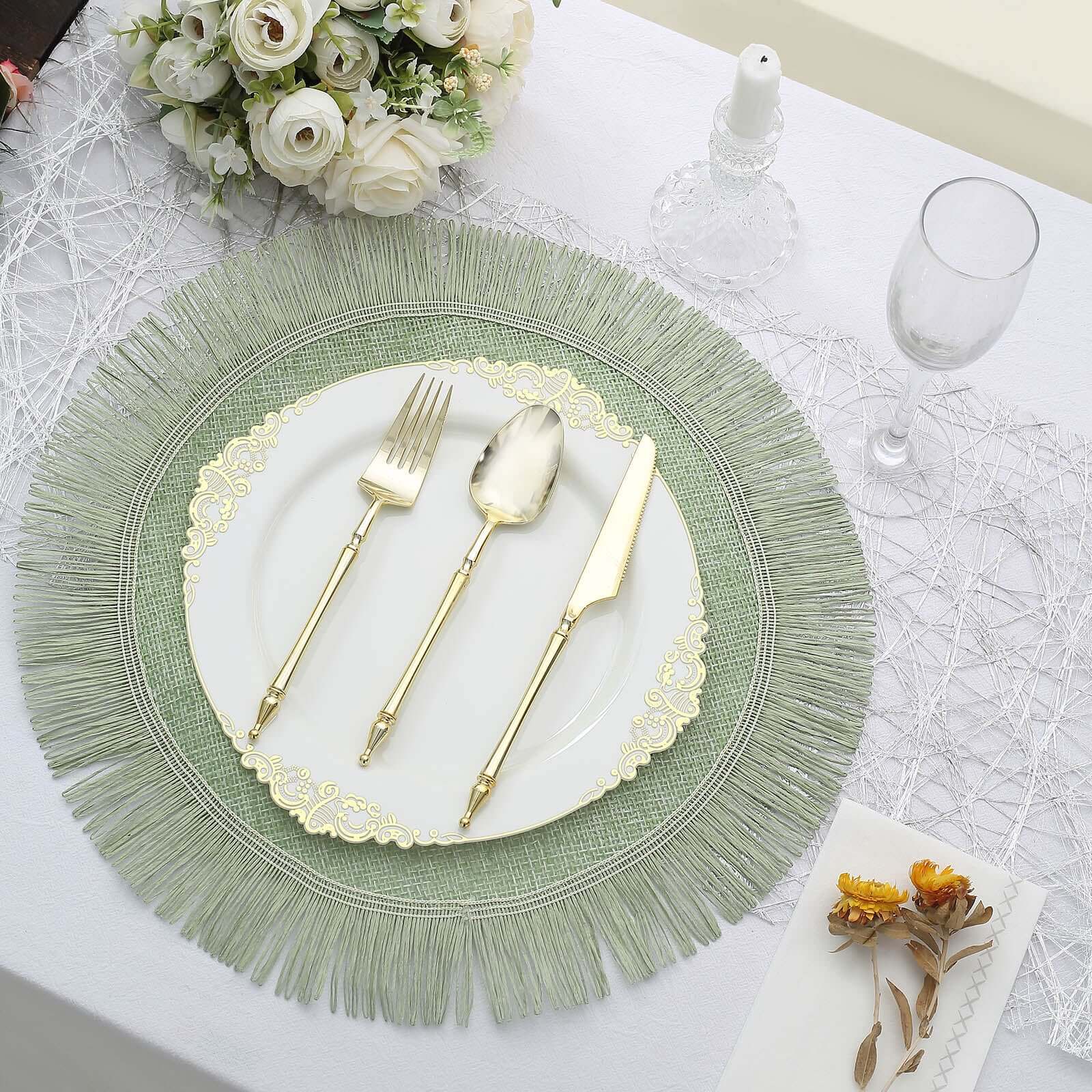 4-Pack Placemats Fringe Edge Design Sage Green Jute Round - Rustic Boho Chic Burlap Table Decor 16"