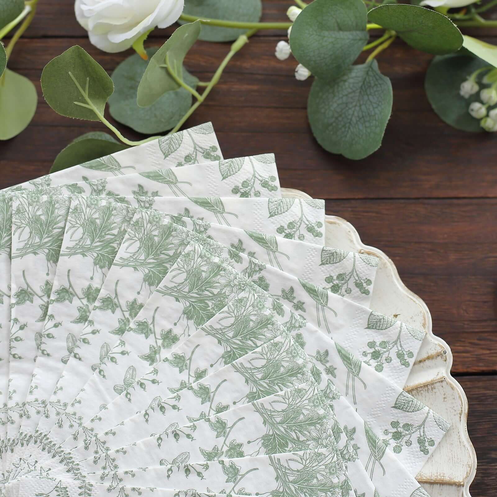 20-Pack Paper Cocktail Napkins with French Toile Print White/Sage Green - Disposable 2 Ply Beverage Napkins for Events 5"x5"