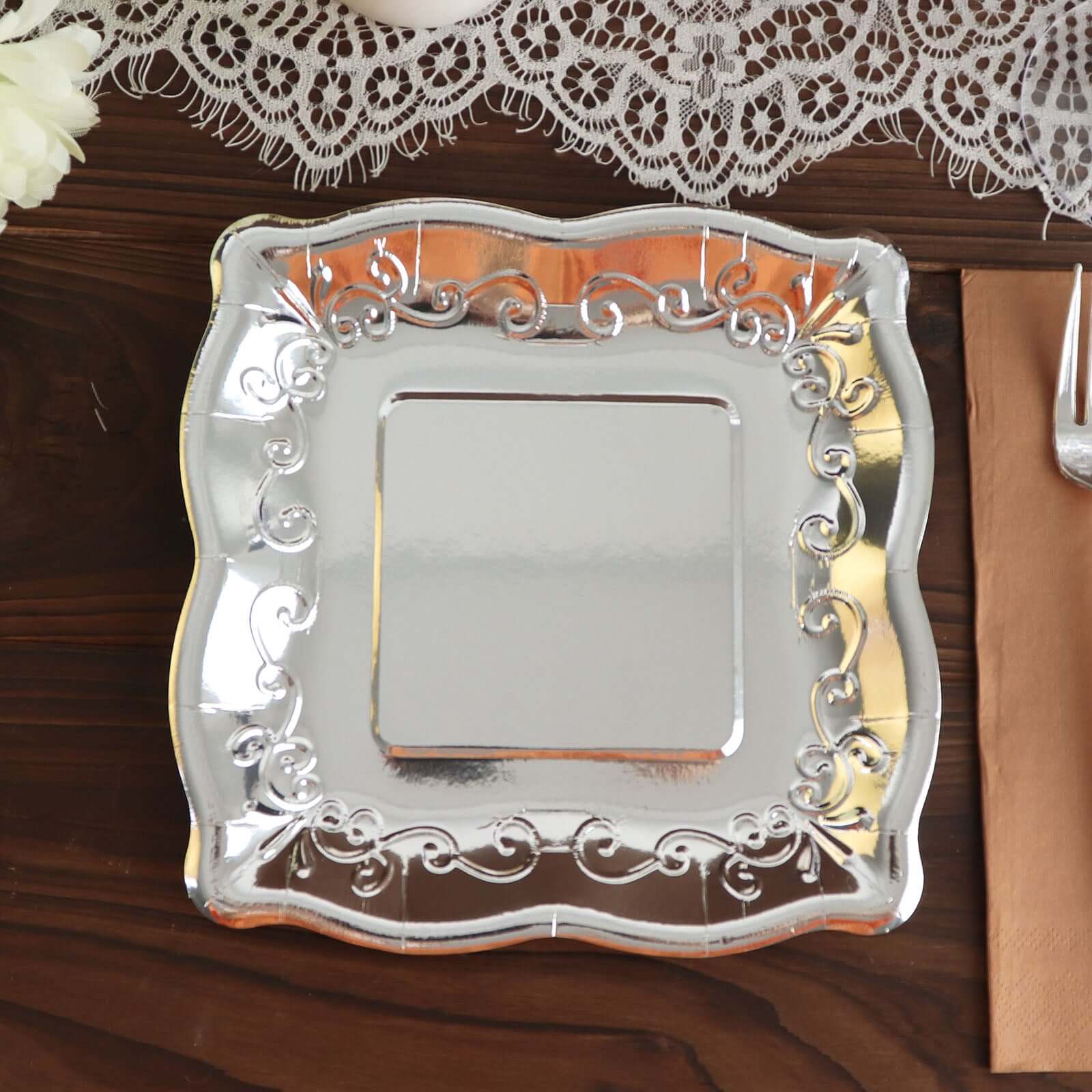 25-Pack Paper 7" Square Dessert Plates in Silver with Vintage Pottery Embossed Design - Shiny Metallic Disposable Appetizer Plates