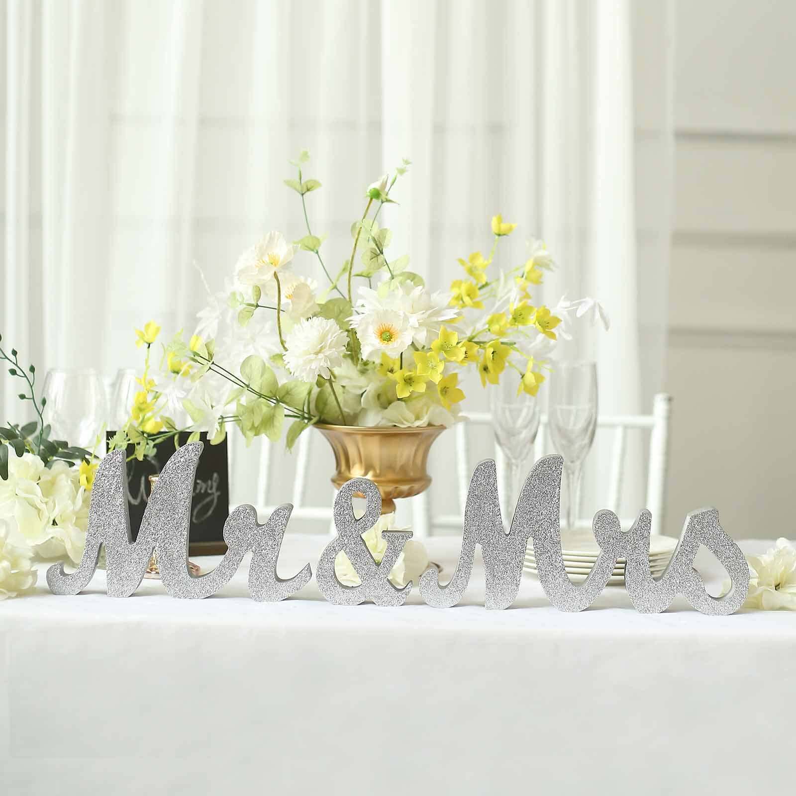 Wooden "Mr & Mrs" Freestanding Letters Silver Glittered - Rustic Glam Wedding Table Display Signs