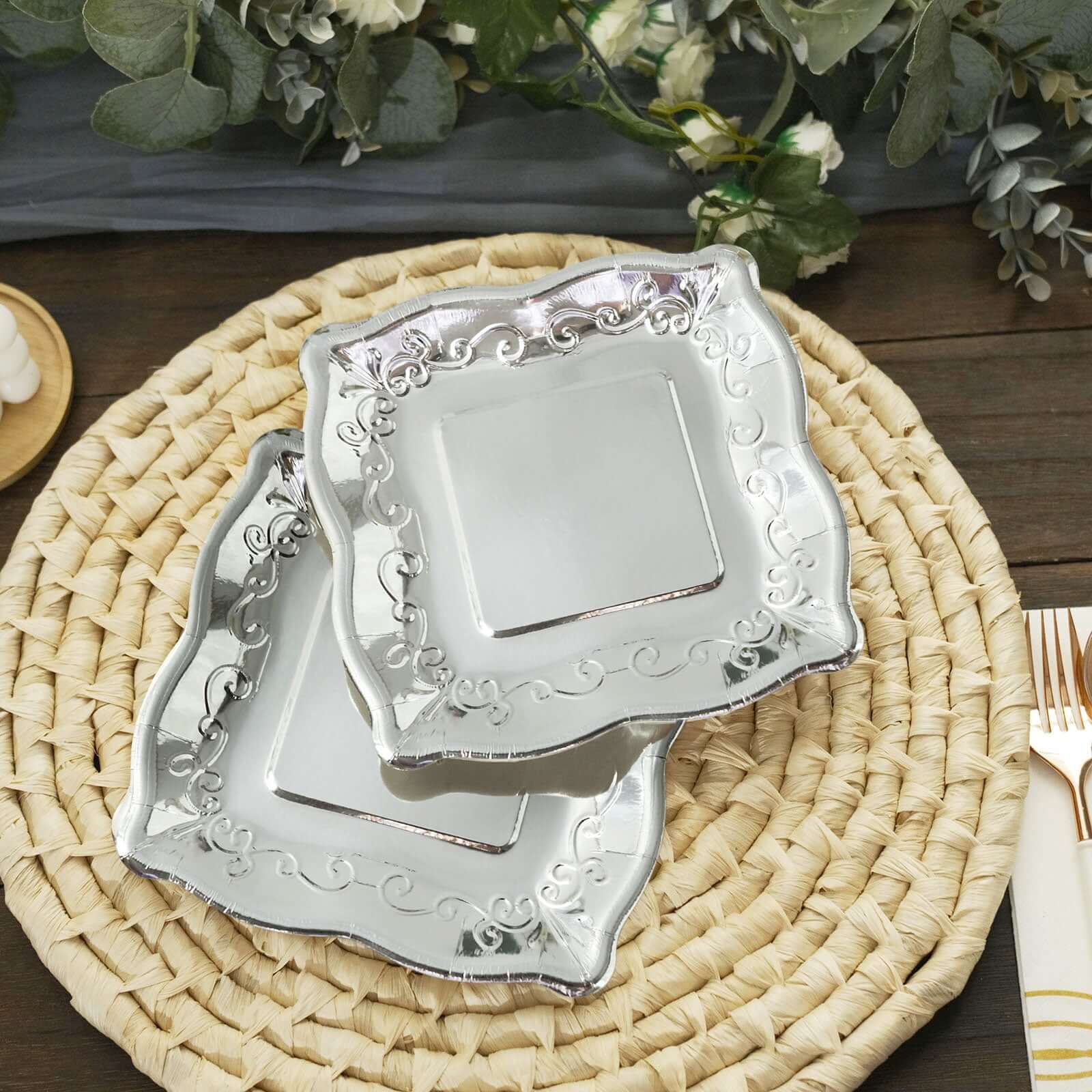 25-Pack Paper 7" Square Dessert Plates in Silver with Vintage Pottery Embossed Design - Shiny Metallic Disposable Appetizer Plates