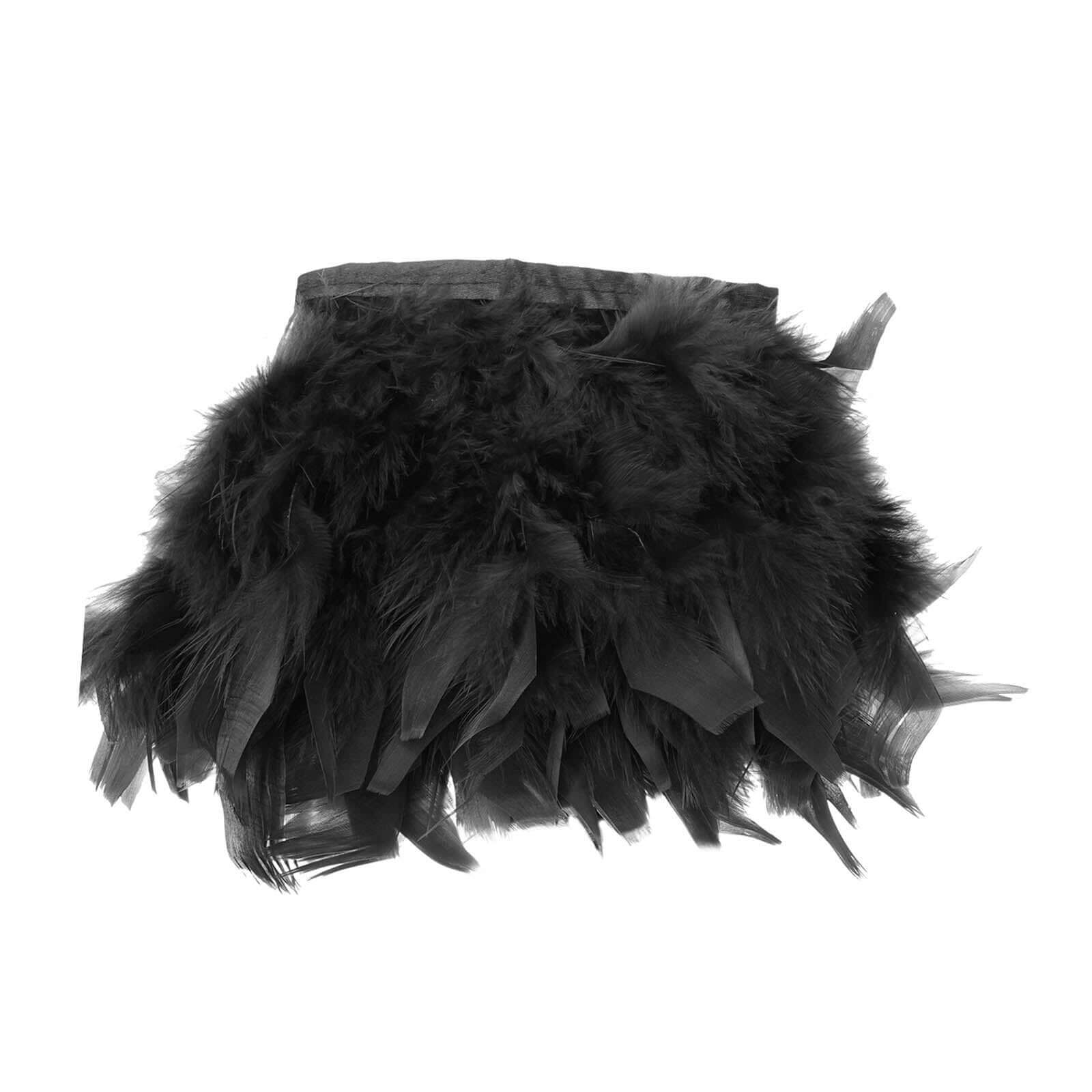 39" Black Real Turkey Feather Fringe Trim With Satin Ribbon Tape
