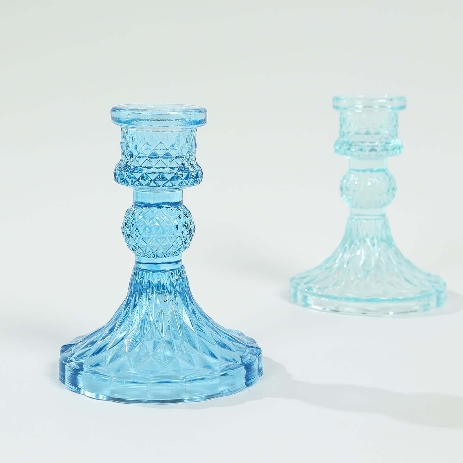 6-Pack Glass Taper Candlestick Holders Diamond Pattern Design Assorted Blue - Reversible Crystal Pillar Votive Stands 4"