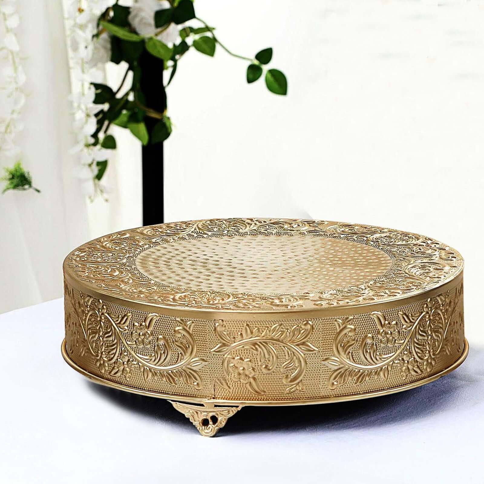 Metal 18" Round Cake Pedestal Stand Matte Gold - Cupcake Dessert Display Riser with Intricate Embossed Design for Upscale Events & Gatherings