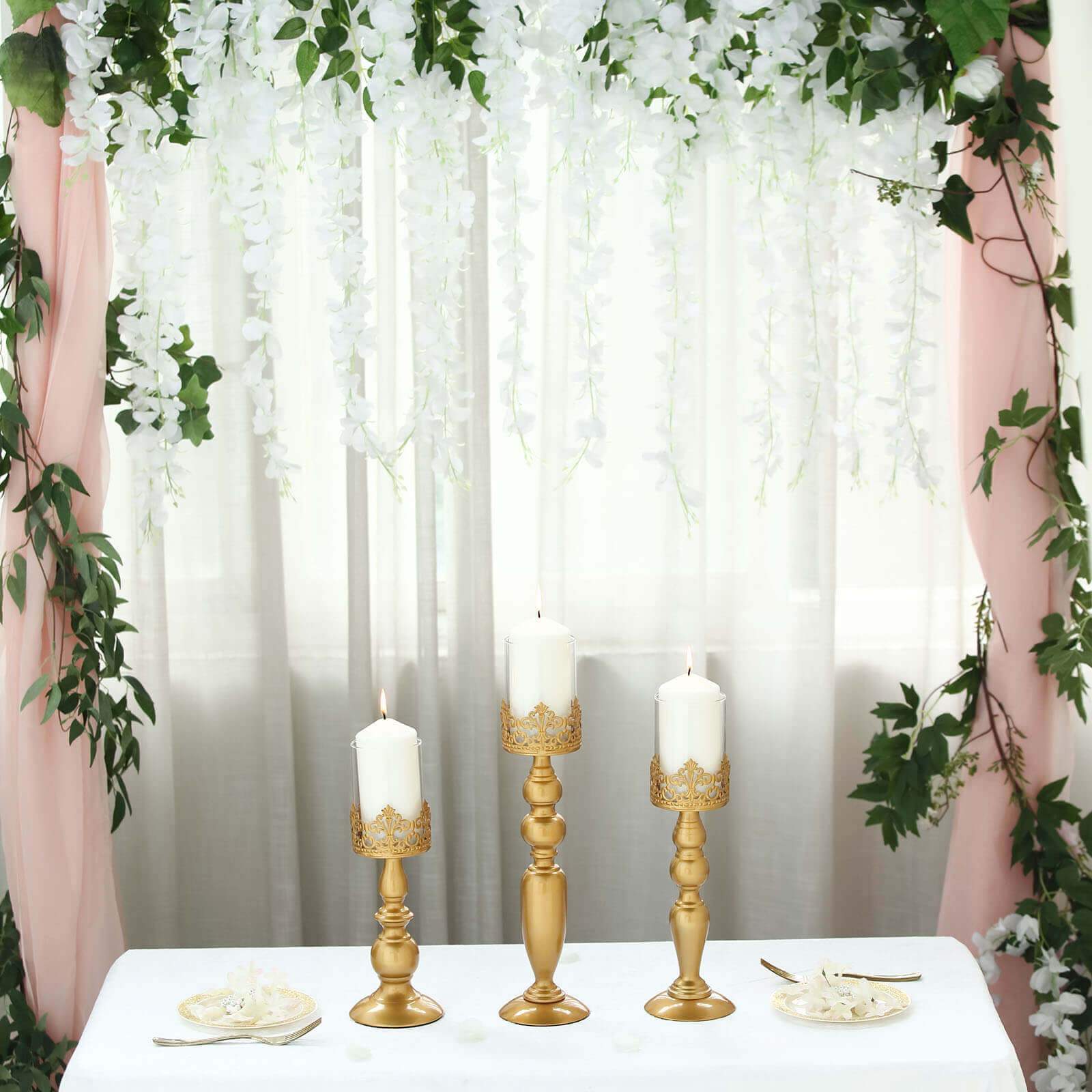 Set of 3 Lace Hurricane Candle Holders Antique Gold with Glass Shades - Chic Pillar Candle Stands 12", 14", 17"