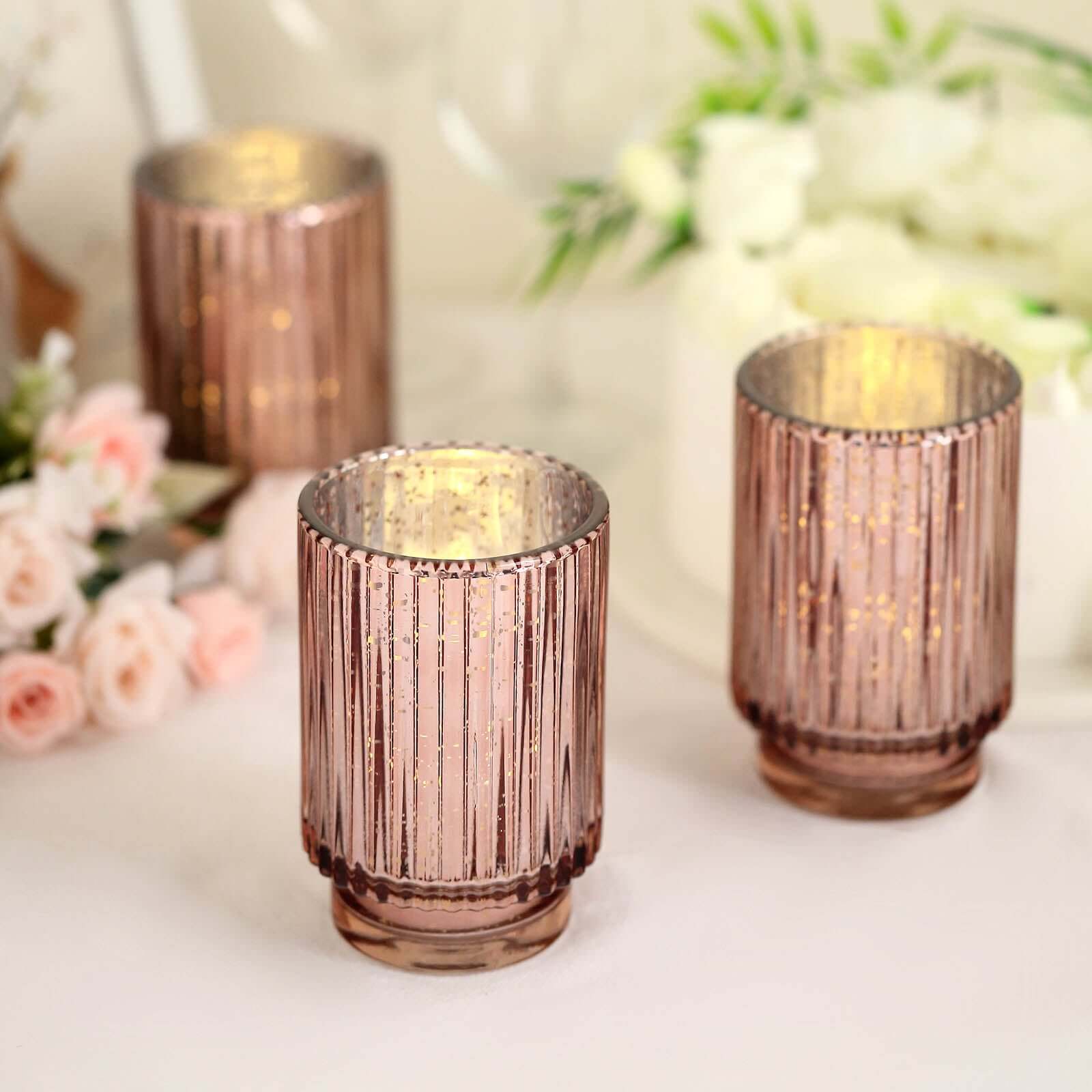 3-Pack Mercury Glass Hurricane Candle Holders Rose Gold Wavy Column Design - Votive Pillar Vase 5"