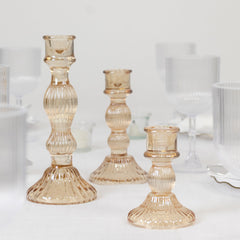 Set of 3 Amber Gold Ribbed Glass Taper Candlestick Holders, Fluted Crystal Candle Stands - 4", 6", 8"