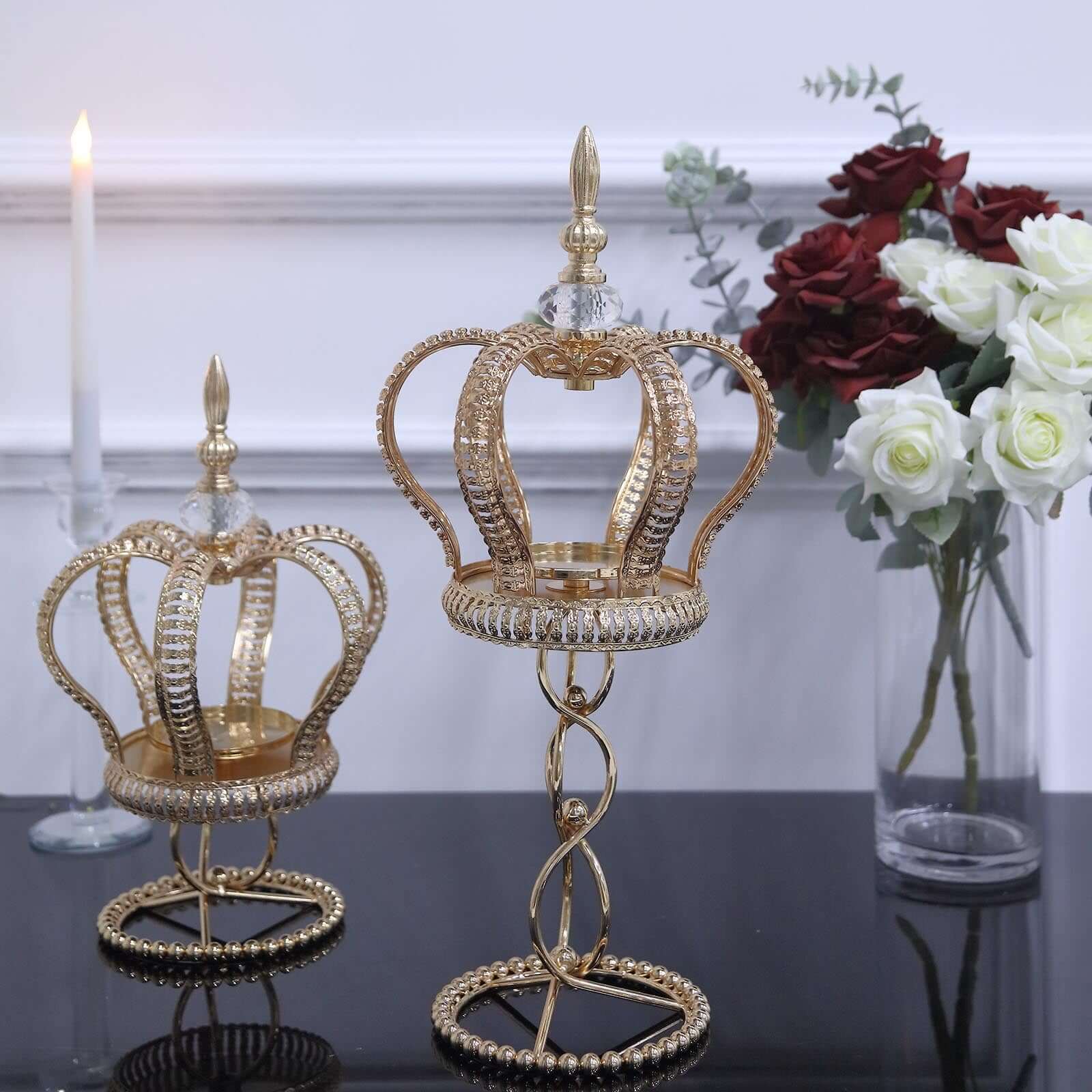 Metal Crown Spiral Pillar Candle Holder Stand Gold - Jeweled Votive Candle Centerpiece 18"