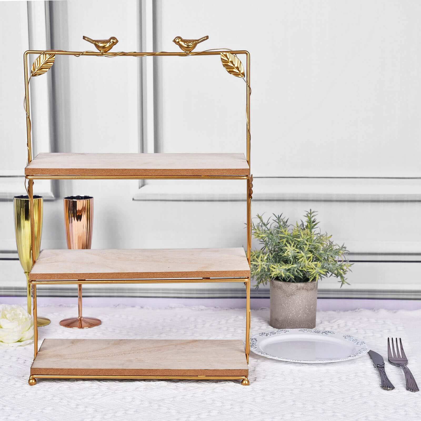 3-Tier Wooden Cheese Board Stand Rectangular Gold/Wood Slice Design - Rustic Cupcake Tower Centerpiece with Assembly Tools 19"