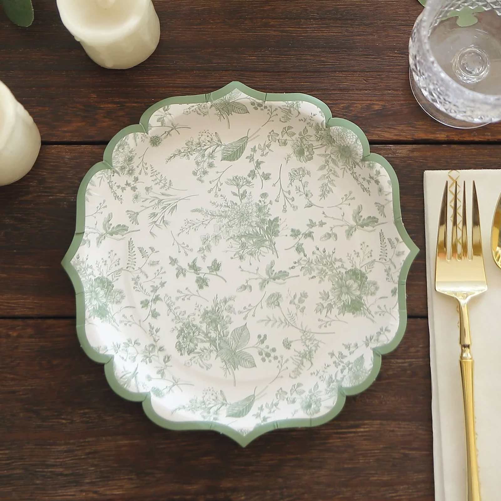 25-Pack Paper 8" Round Dessert Plates in White with Sage Green French Toile Design & Scalloped Rim - Disposable 300GSM Salad Appetizer Plates for Stylish Table Decor
