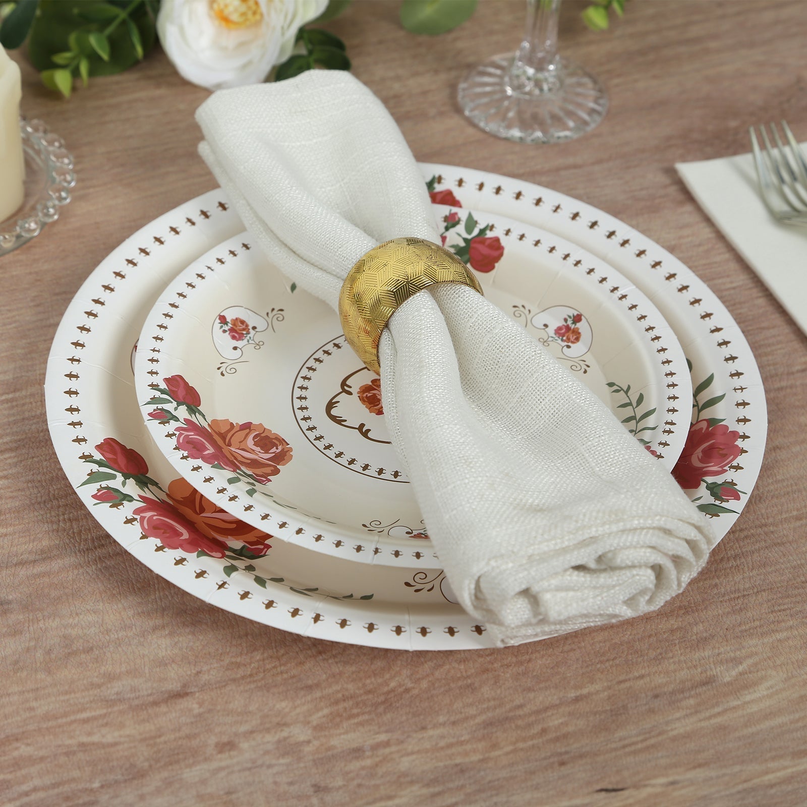 25-Pack Paper 7" Round Dessert Plates in Ivory with Vintage Rose Flower Print - Disposable Appetizer Salad Plates for Bridal Showers & Garden Luncheons