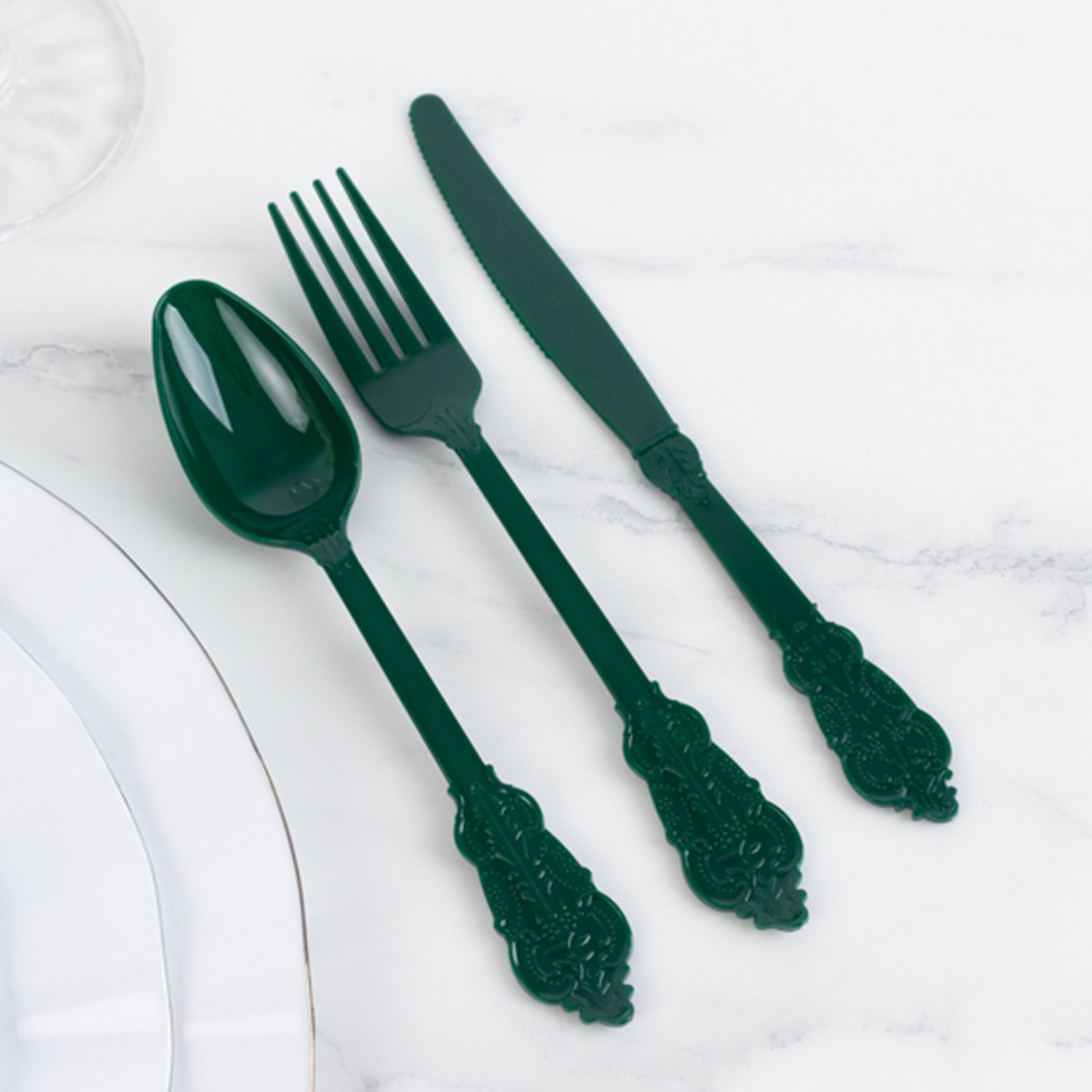 72 Pcs Plastic Silverware Set in Baroque Style Hunter Emerald Green - Heavy Duty Disposable Knife, Fork, and Spoon Set
