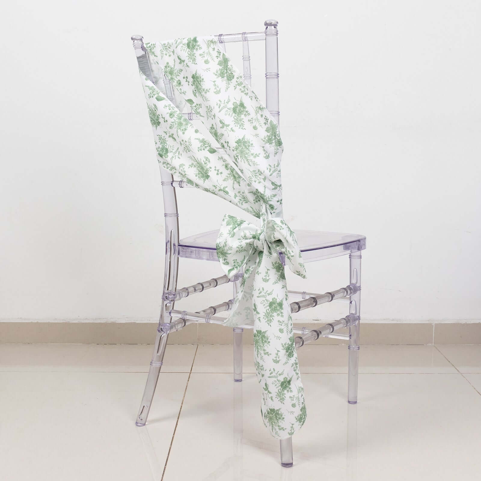5 Pack Polyester Chair Sashes Dusty Sage Green French Toile Floral Design - Stylish Durable and Reusable Chair Bows 6"x108"