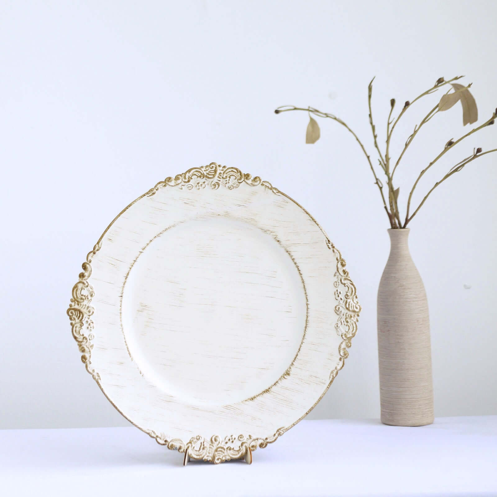 6-Pack Acrylic Round Charger Plates 13" in White Washed with Gold Embossed Baroque Rim, Antique Decorative Dinner Party Charger Tableware