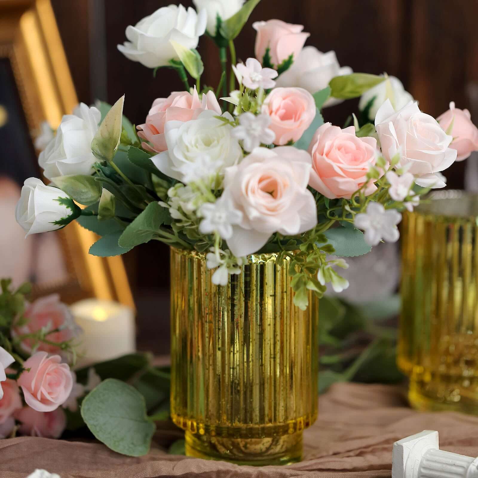 3-Pack Mercury Glass Hurricane Candle Holders Gold Wavy Column Design - Votive Pillar Vase 5"