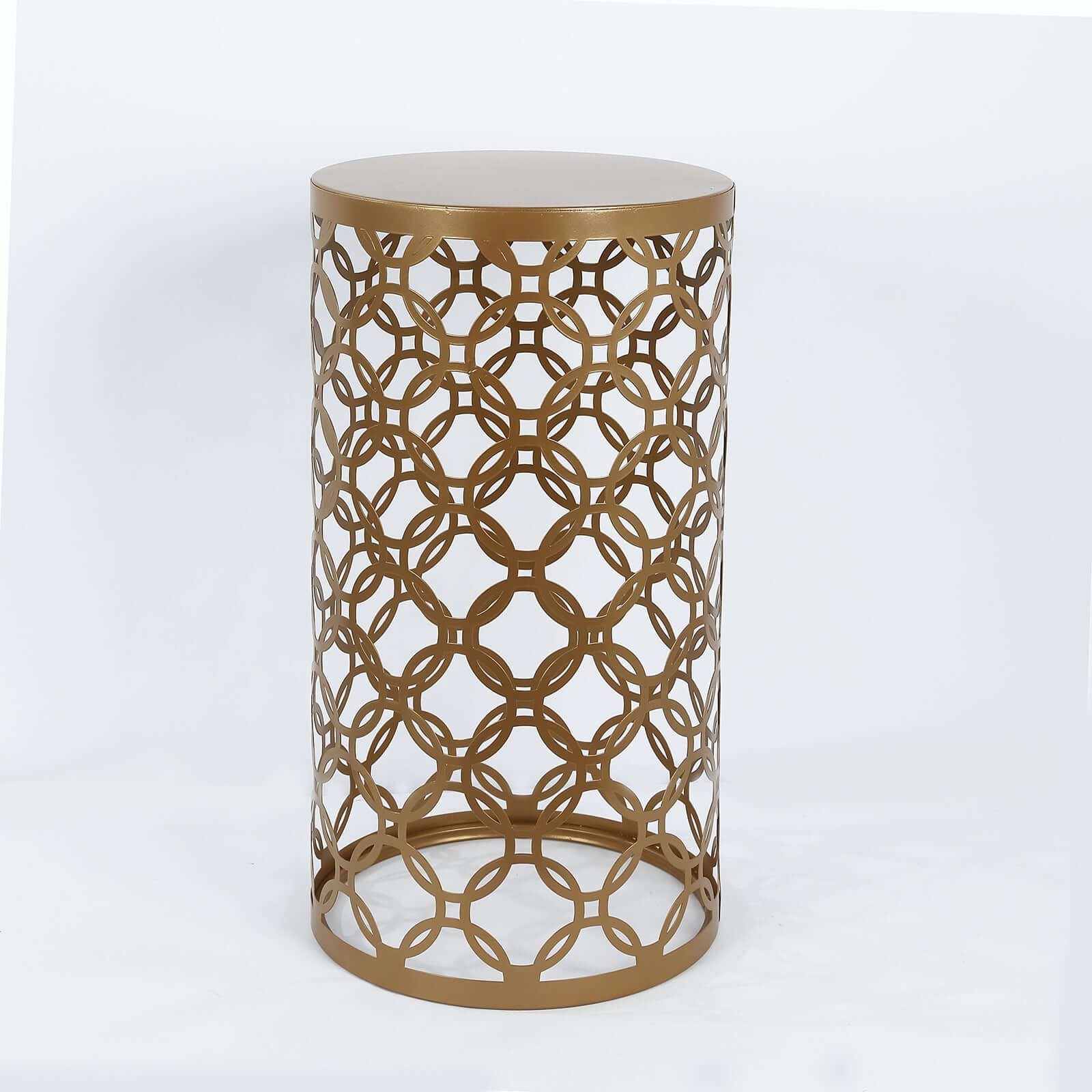 Set of 3 Gold Metal Cylinder Pillar Cake Display Stands, Round Mesh Plinth Pedestal Stand in Hollow Overlapping Circles Pattern - 22",24",30"