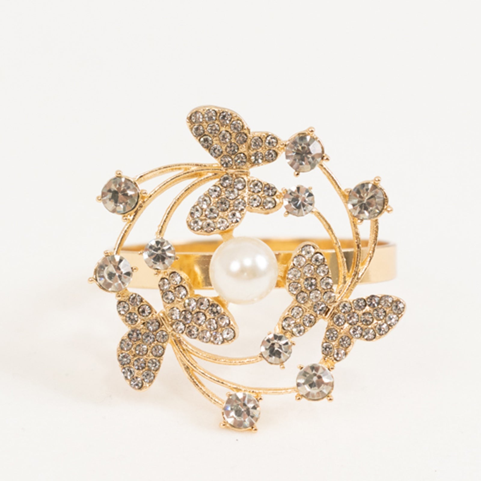 4 Pack Gold Metal Butterfly Napkin Rings with Pearl and Rhinestone Accents, Elegant Table Decoration for Weddings, Events, and Parties