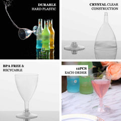 12-Pack Plastic Wine Glasses Clear Short Hollow Stem - Stylish Disposable Cups for Wine 6oz