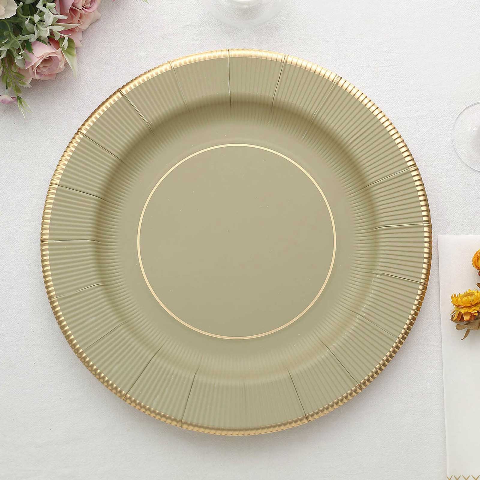 25-Pack Disposable Round Charger Plates in Khaki Sunray Design with Gold Rim - 350GSM Heavy Duty Paper Chargers 13"
