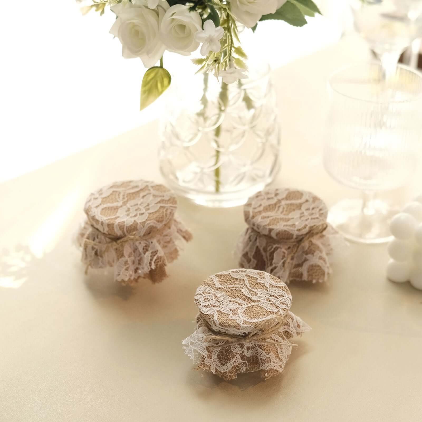 Set of 6 Mason Jar Lid Covers Rustic Burlap/White Lace Fabric Design with Jute String - Scalloped Edge Natural Linen Favor Covers 6"