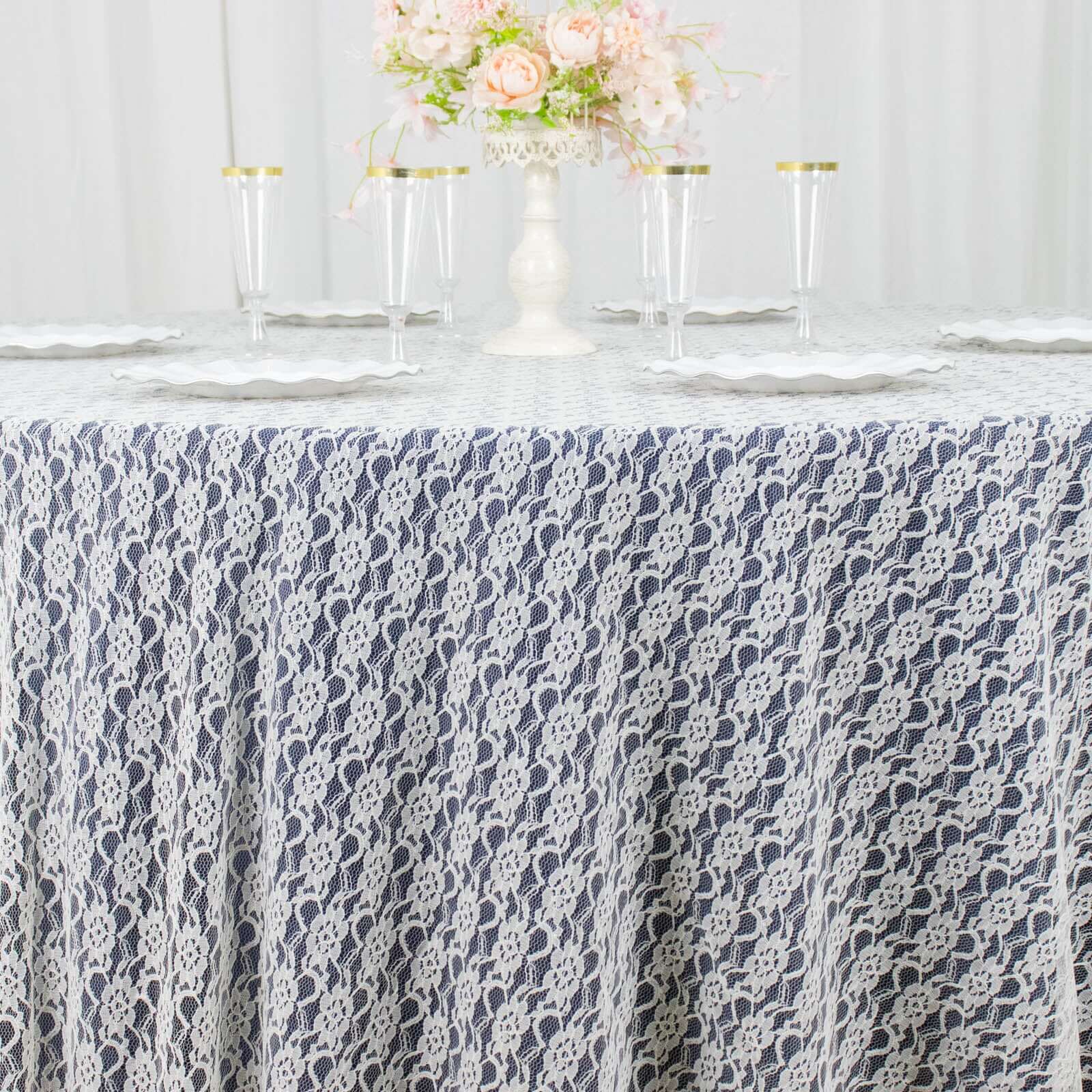 120" Ivory Round Seamless Polyester Floral Lace Tablecloth for 5 Foot Table With Floor-Length Drop