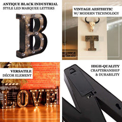 LED Marquee Letter "W" Industrial Style Antique Black - Light-Up Alphabet Sign for Weddings & Displays 9"