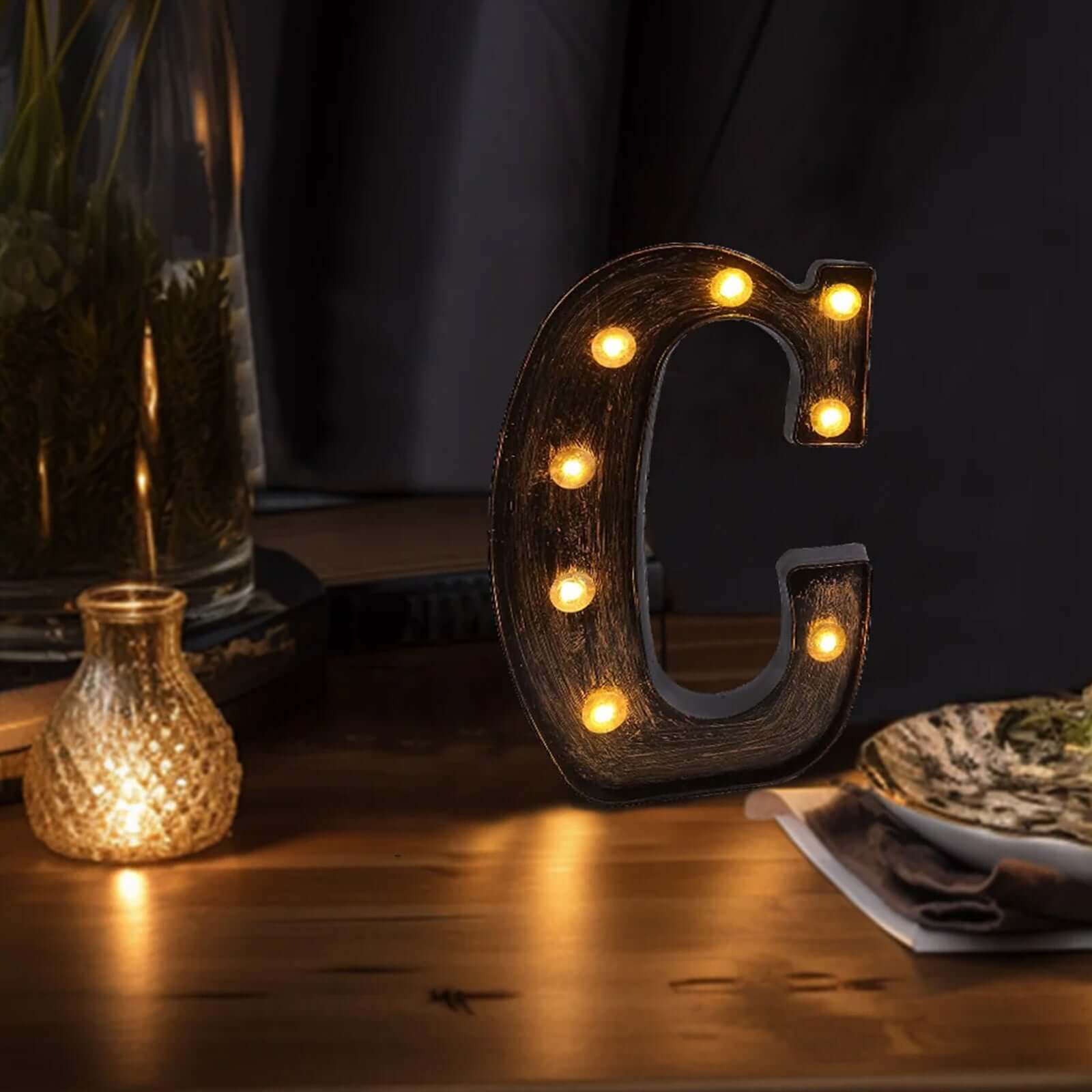 LED Marquee Letter "C" Industrial Style Antique Black - Light-Up Alphabet Sign for Weddings & Displays 9"