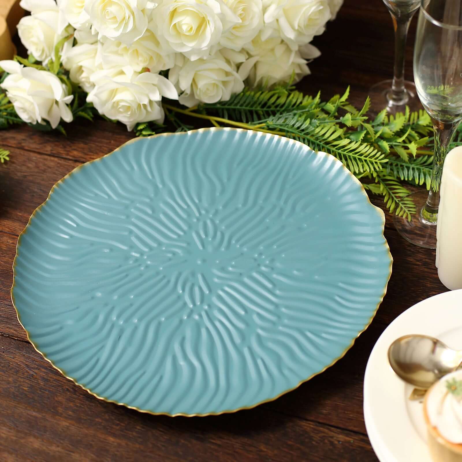 Metal Round Serving Tray 12" in Dusty Blue Floral Pattern with Gold Wavy Rim, Pedestal Dessert Display with Hairpin Legs