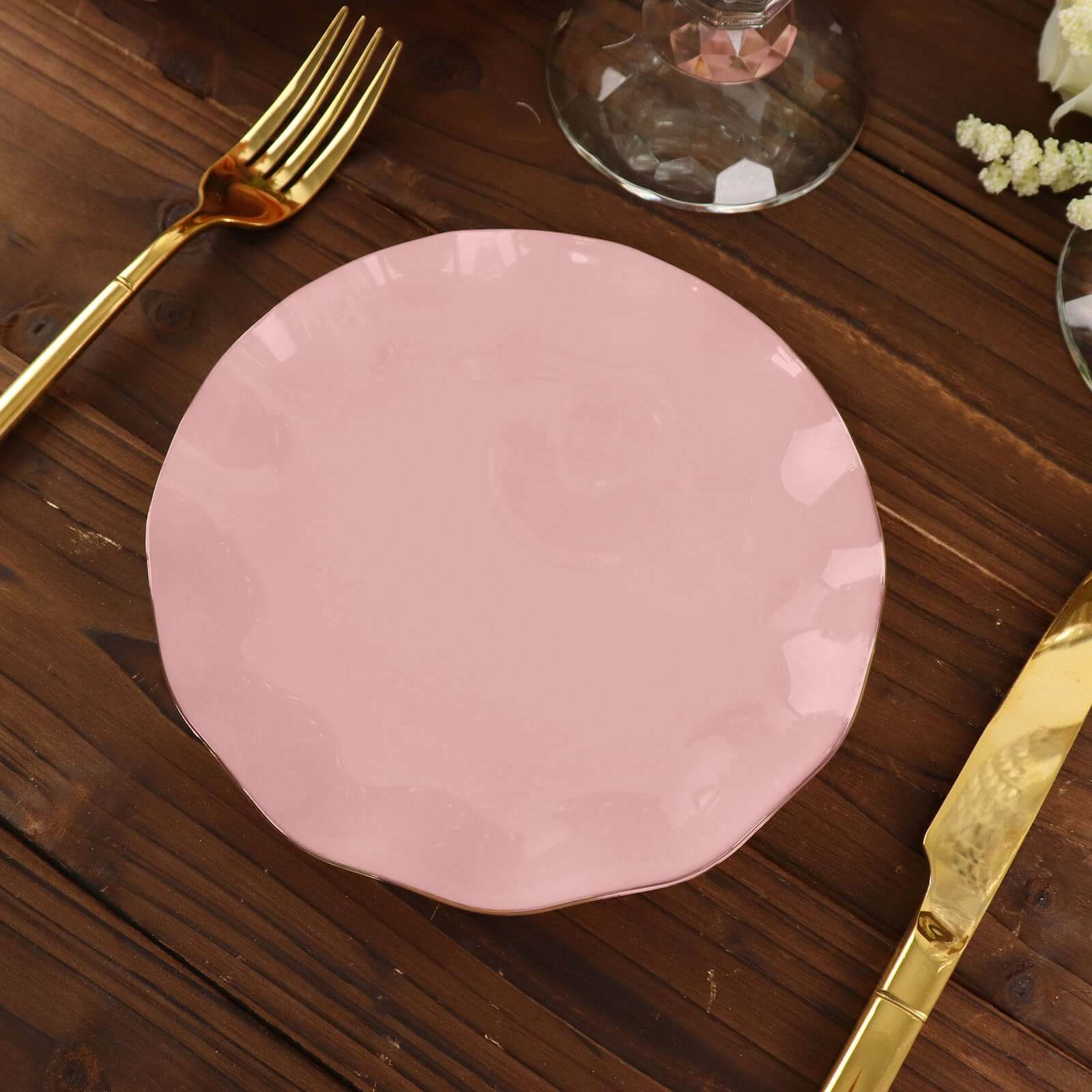 10-Pack Plastic Round 6" Dessert Plates in Dusty Rose Ruffled Rim with Gold Edging - Sturdy Disposable Salad Appetizer Dinnerware