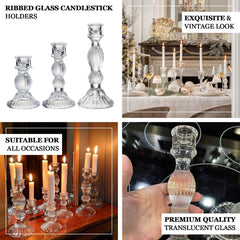 Set of 3 Glass Taper Candle Holders Fluted Design Clear - Ribbed Crystal Candlestick Stands 4", 6", 8"