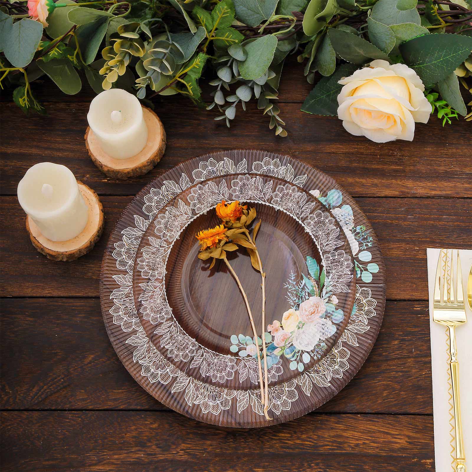 25-Pack Paper 8" Round Dessert Plates in Brown Wood Print with Floral Lace Rim - Disposable Salad Appetizer Plates for Farmhouse Events & Rustic Themes