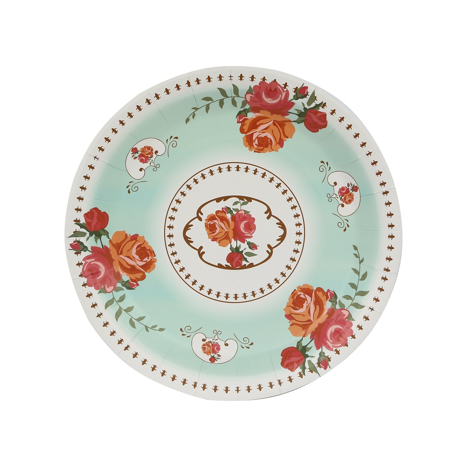 25-Pack Paper 9" Round Dinner Plates in Turquoise with Vintage Rose Flower Print - Disposable Plates for High Tea Gatherings & Romantic Celebrations