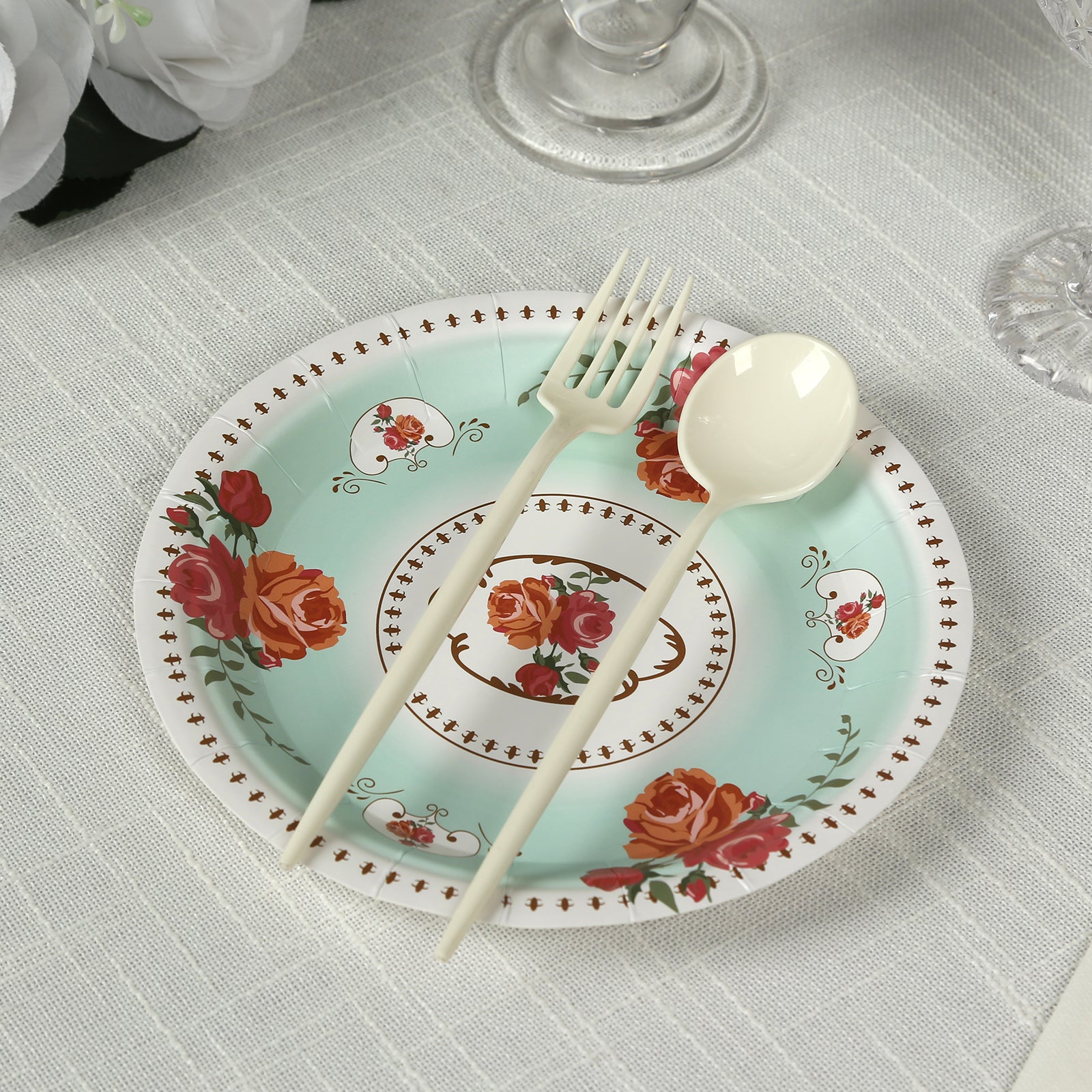 25-Pack Paper 7" Round Dessert Plates in Turquoise with Vintage Rose Flower Print - Disposable Appetizer Salad Plates