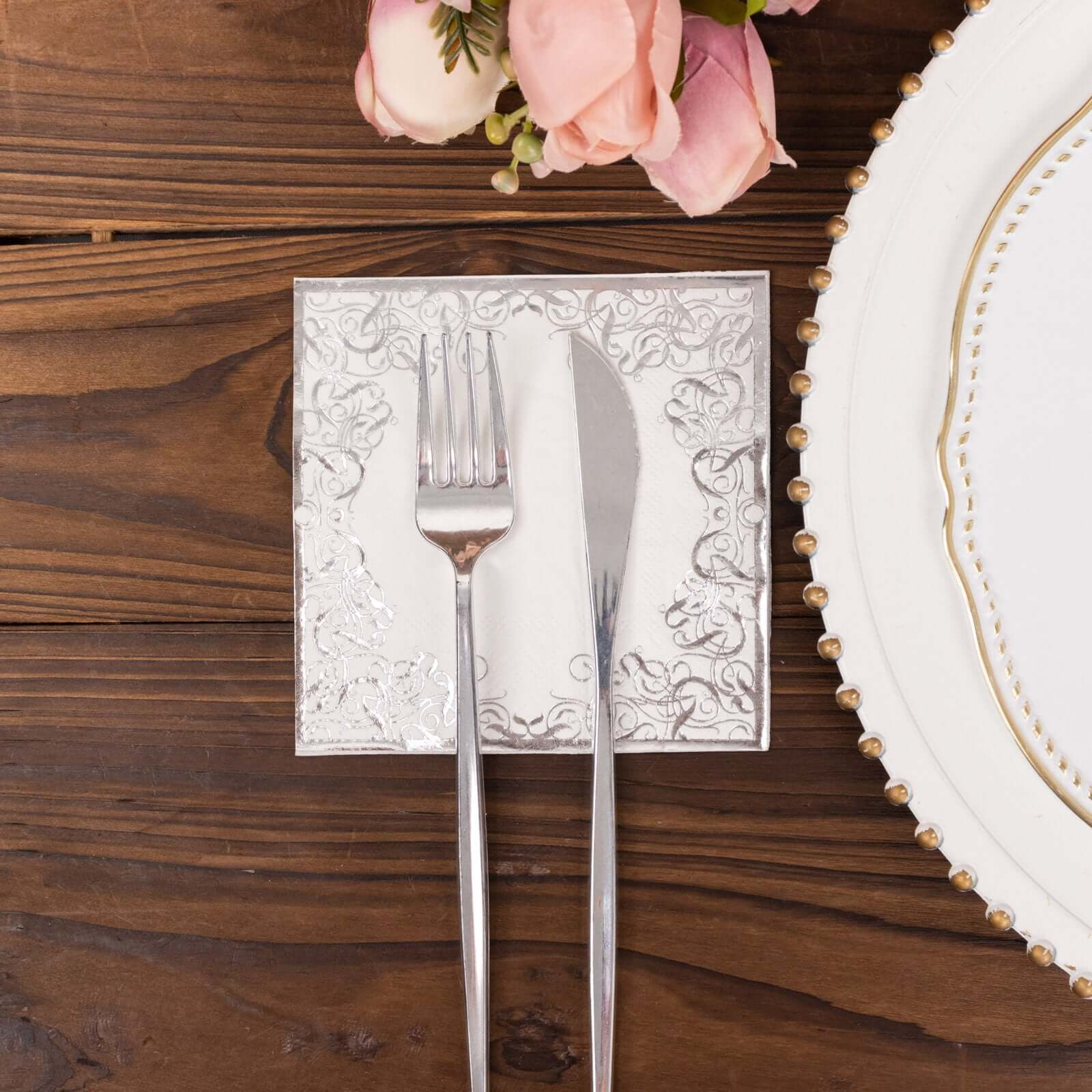 20-Pack Paper Beverage Napkins with Silver Foil Lace Design White - 3 Ply Disposable 18GSM European Style Cocktail Napkins 5"x5"