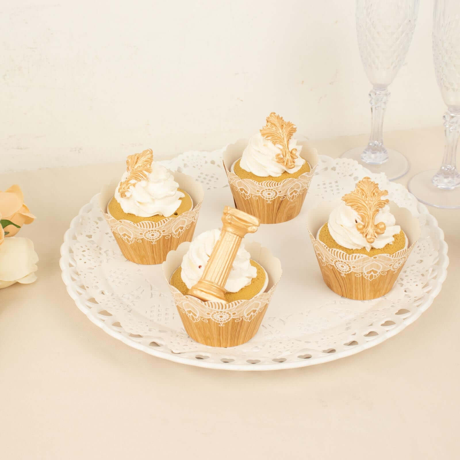 25-Pack Paper Cupcake Wrappers Wood Grain and Lace Print Design Natural - Boho Muffin Baking Cup Wraps