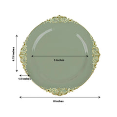 10-Pack Plastic 8" Round Dessert Plates in Dusty Sage Green with Gold Leaf Embossed Rim - Disposable Vintage Baroque Style Salad Plates