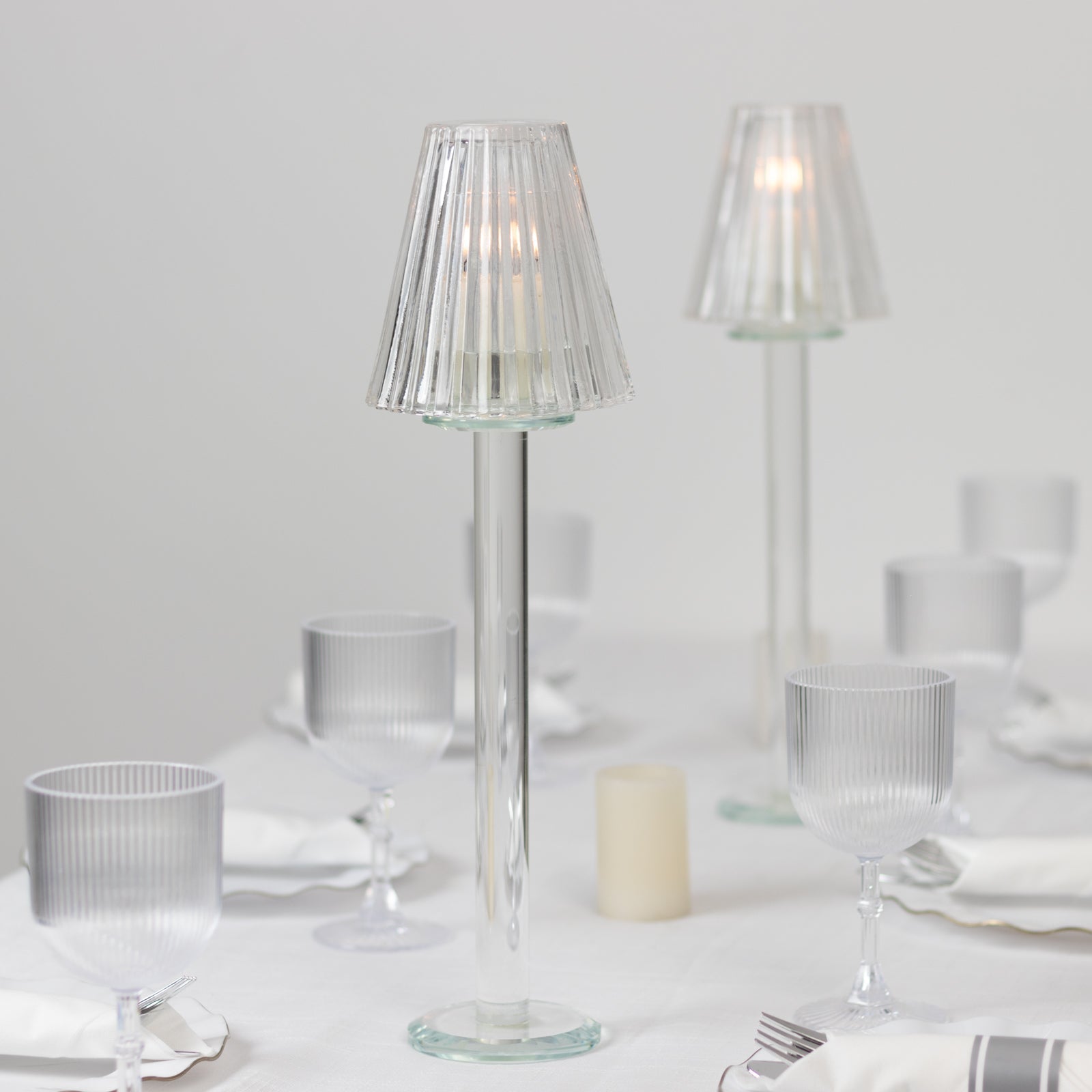Set of 2 Clear Crystal Glass Candle Holders – 17" Elegant Ribbed Vintage Table Lamp Design