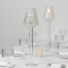 Set of 2 Clear Crystal Glass Candle Holders – 17" Elegant Ribbed Vintage Table Lamp Design