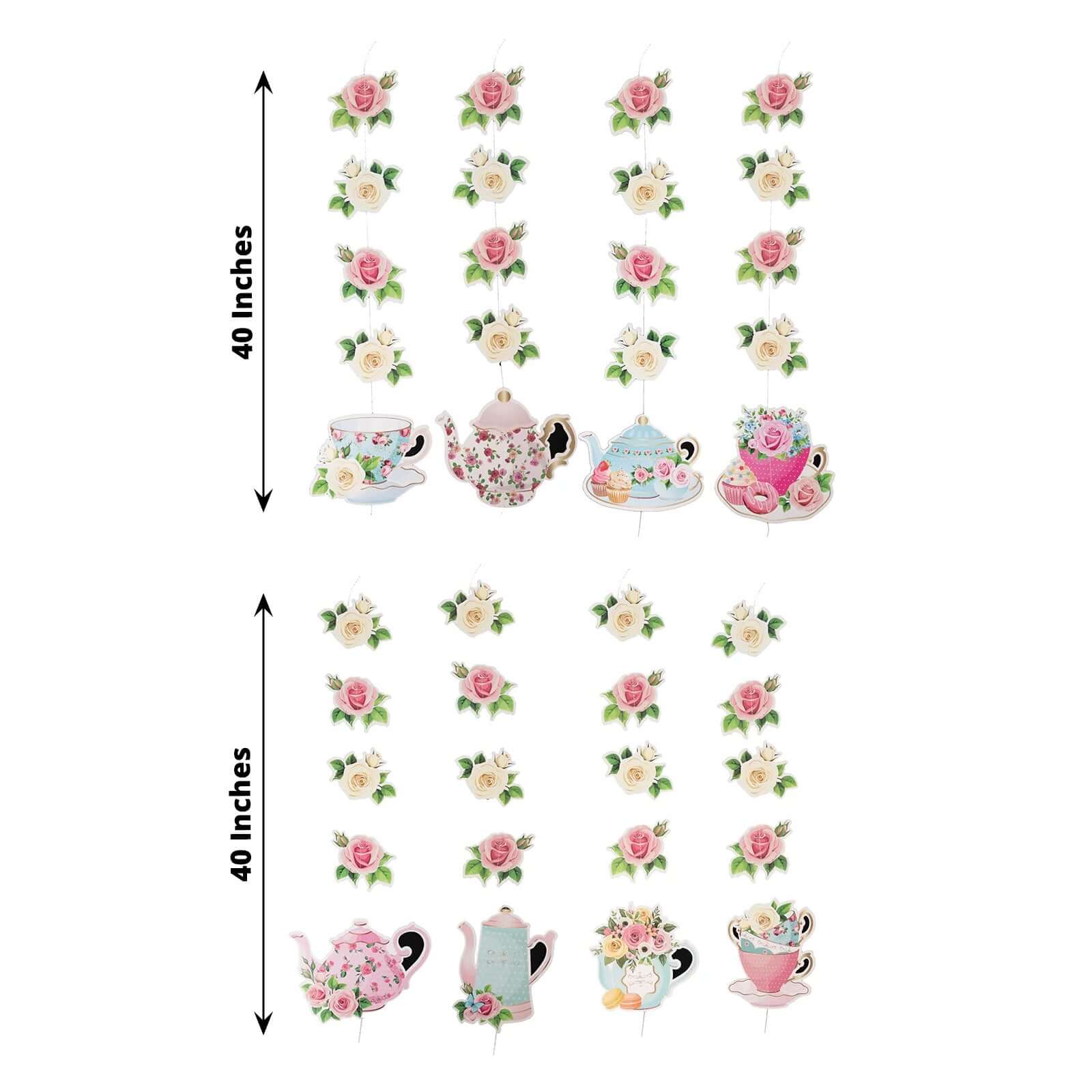 8 Pack Double Sided Floral Tea Party Paper Garland, 40" Pre-Assembled Mixed Teapot Banner Hanging Decorations