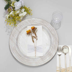 6-Pack Acrylic Round Charger Plates 13" in White with Lace Embossed Rim, Rustic Plastic Decorative Charger Tableware