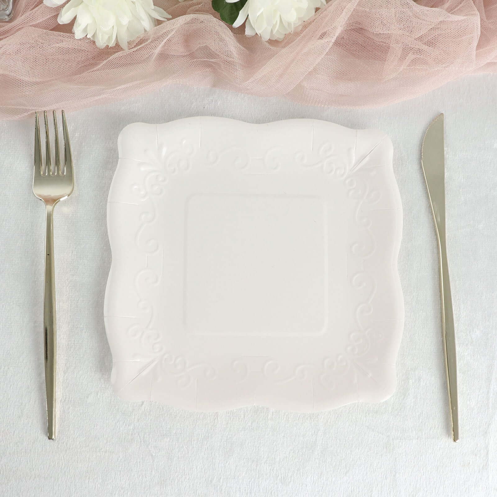 25-Pack Paper 7" Square Dessert Plates in White with Vintage Pottery Embossed Design - Shiny Disposable Appetizer Plates