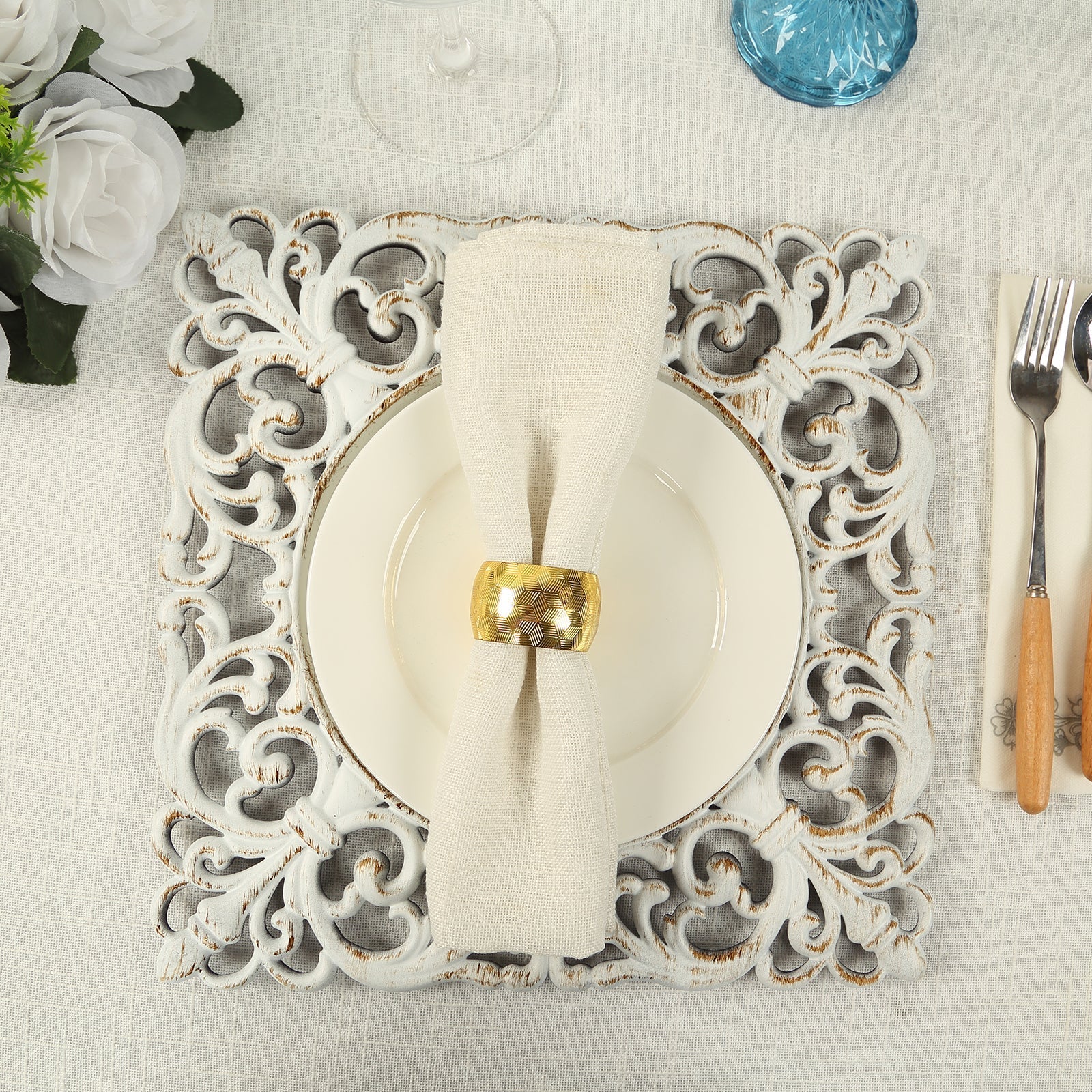 6-Pack Acrylic Square Charger Plates 12" Whitewashed with Hollow Lace Border, Event Tabletop Decorative Charger Tableware