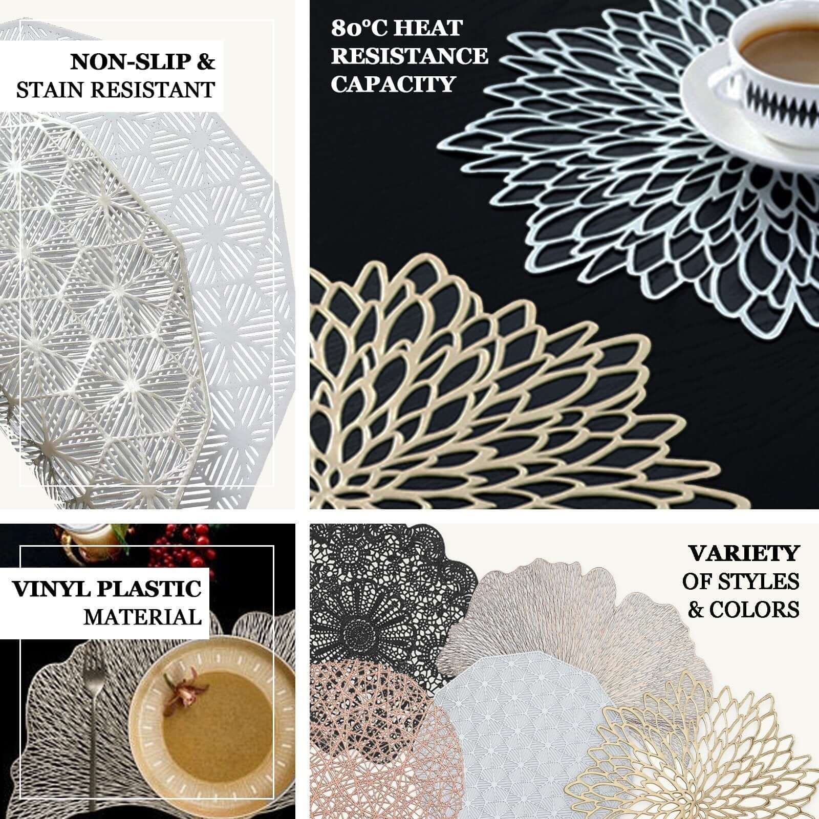 6-Pack Dining Table Mats Floral Lace Design White - Vinyl Non-Slip Surface with Vintage Appeal 15"