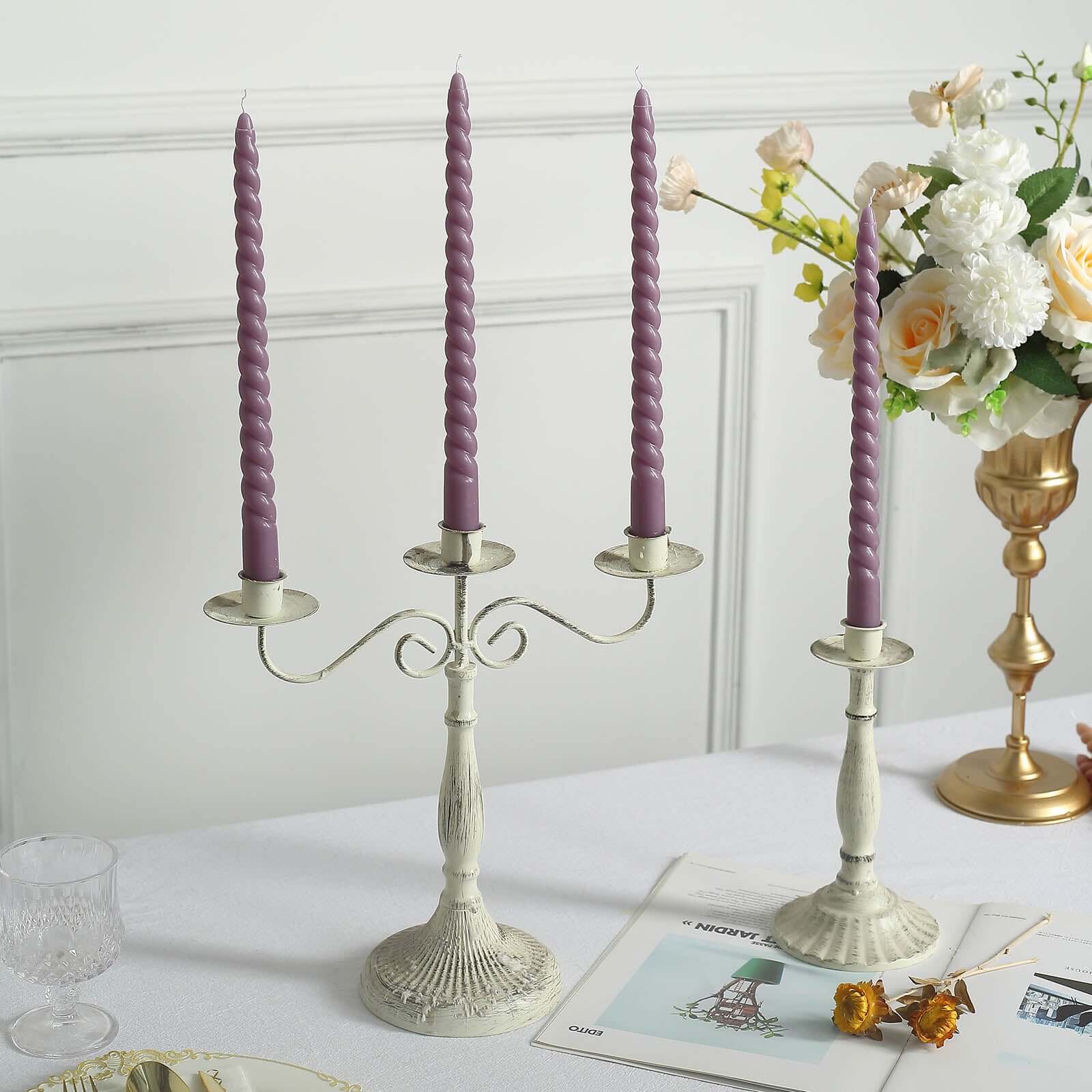 12-Pack Taper Candles Spiral Long Burn Wick Design Violet Amethyst - Premium Unscented Wax Dinner Candle Sticks 11"