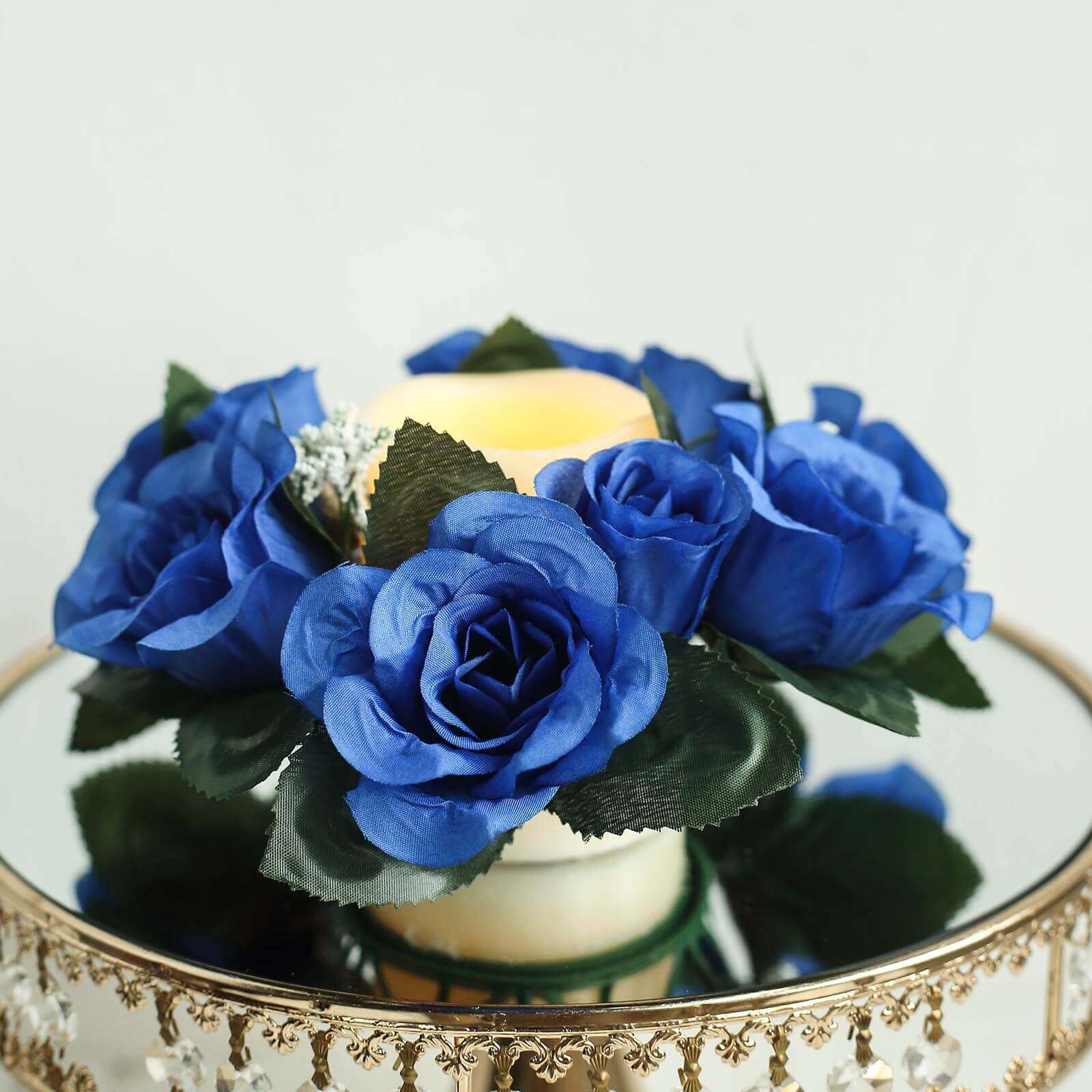 4 Pack 3" Royal Blue Artificial Silk Rose Flower Candle Ring Wreaths